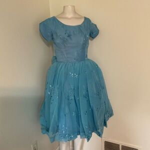 Vintage 1950’s Mid Century Blue Embroidered Party Dress XS